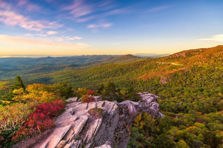 Blue Ridge Mountains landscape at Linn Cove Viaduct and Grandfather Mountain at dawn.