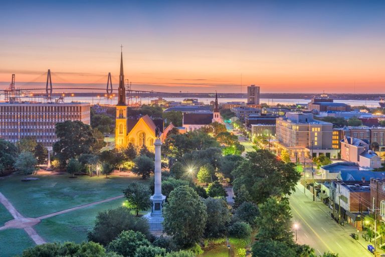 Charleston, South Carolina, USA skyline over Marion Square.