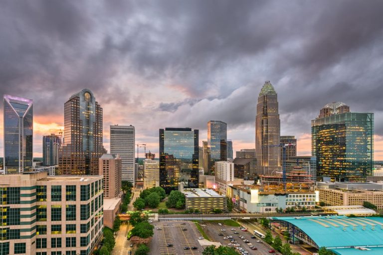 Charlotte, North Carolina, USA uptown cityscape at twilight.