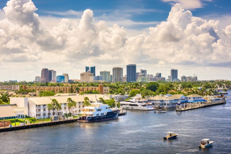 Fort Lauderdale, Florida, USA skyline on the river in the afternoon.