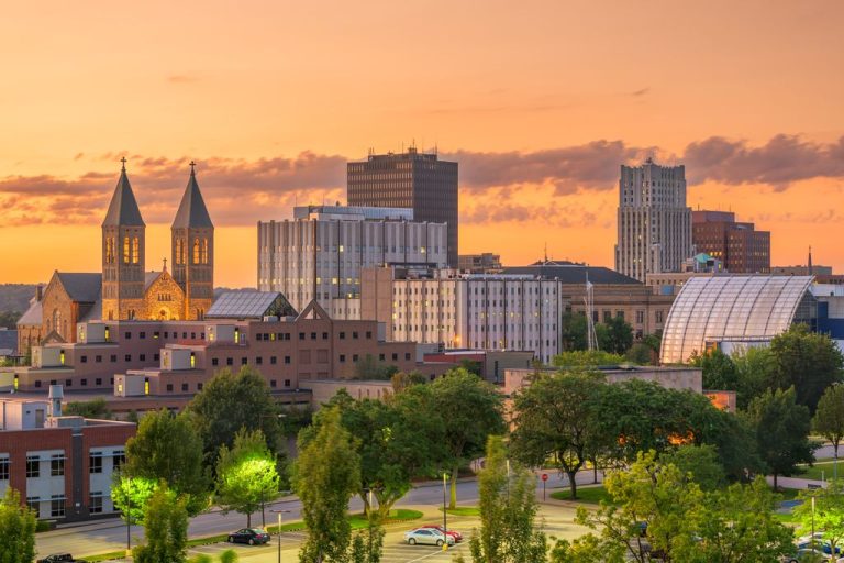 Akron, Ohio, USA downtown skyline at dusk.