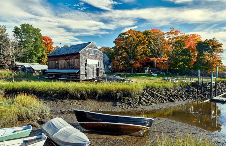 Fall in Essex, Massachusetts, USA. Autumn scene at old wharf.