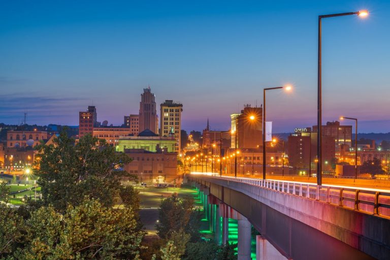 Youngstown, Ohio, USA downtown skyline at twilight.